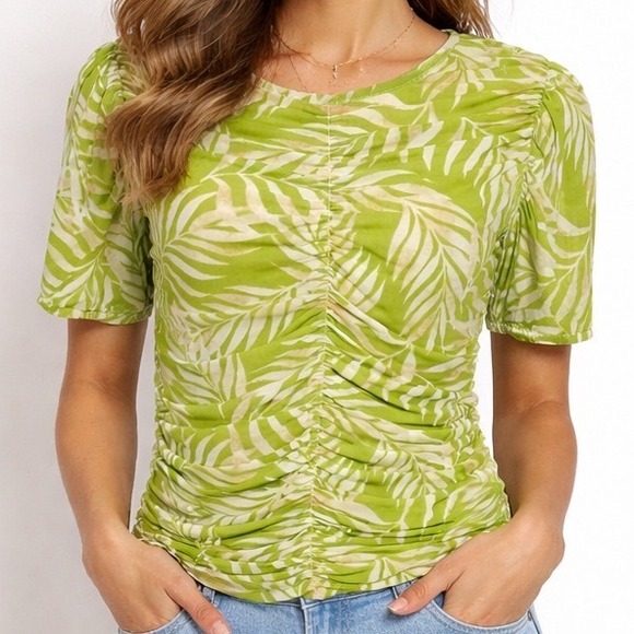 Cato Tops - Cato Ruched Mesh Palm Print Top Size M Lime Green Tropical Short Sleeve Blouse